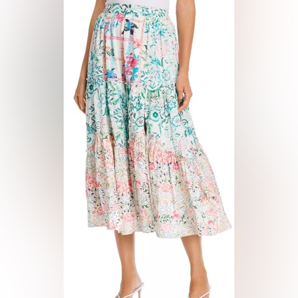 Hemant and Nandita Cotton High Waist Printed Midi Skirt Slit Tiered Colorful XS - Picture 1 of 13